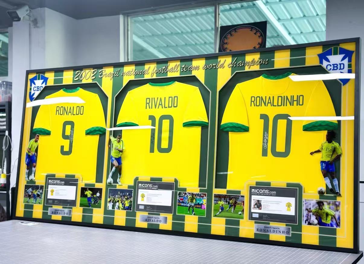 Ronaldo & Rivaldo & Ronaldinho Combined Autographed Framed Jersey