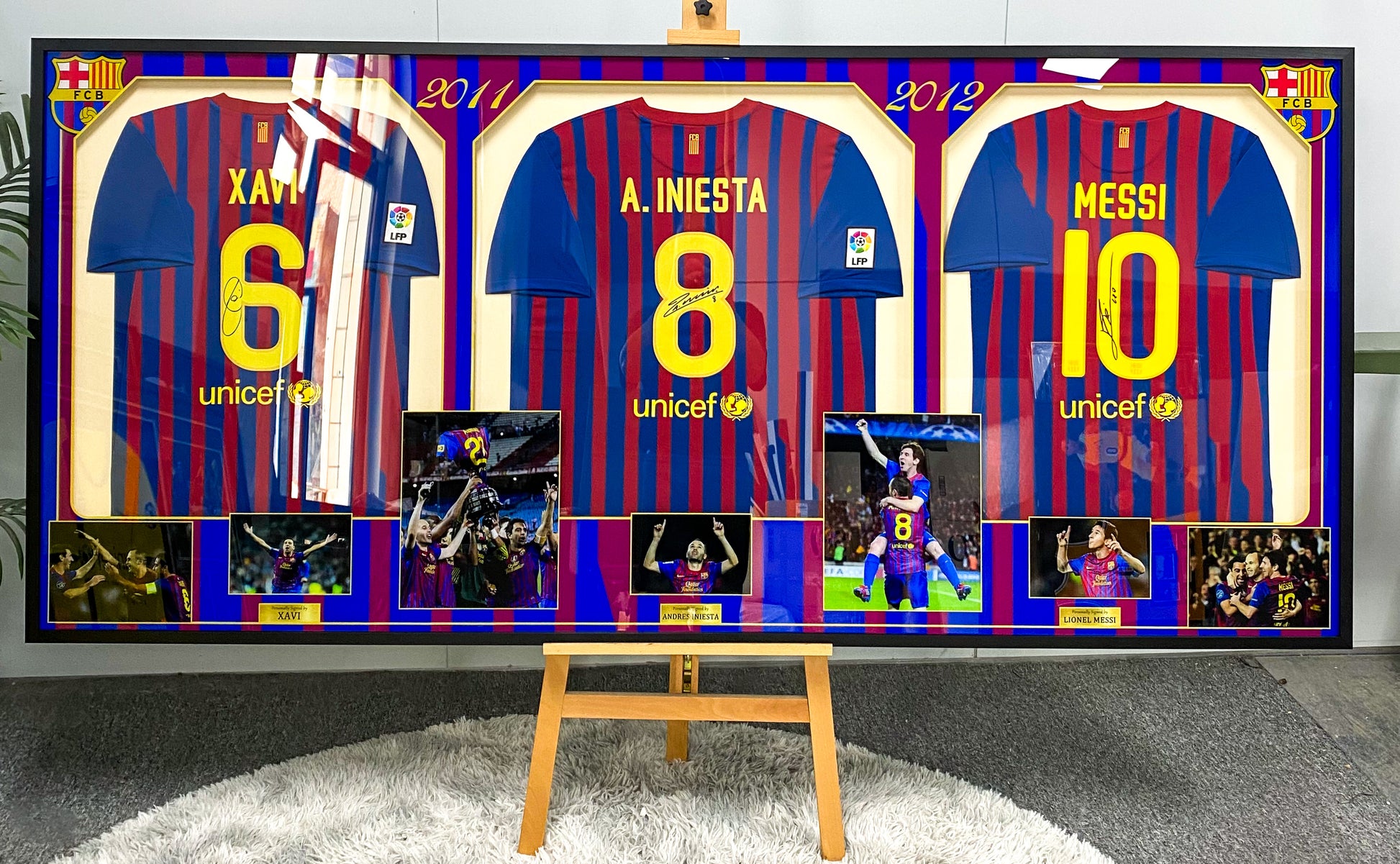 Xavi, Andrés Iniesta & Lionel Messi FC Barcelona Autographed Custom Framed Jersey