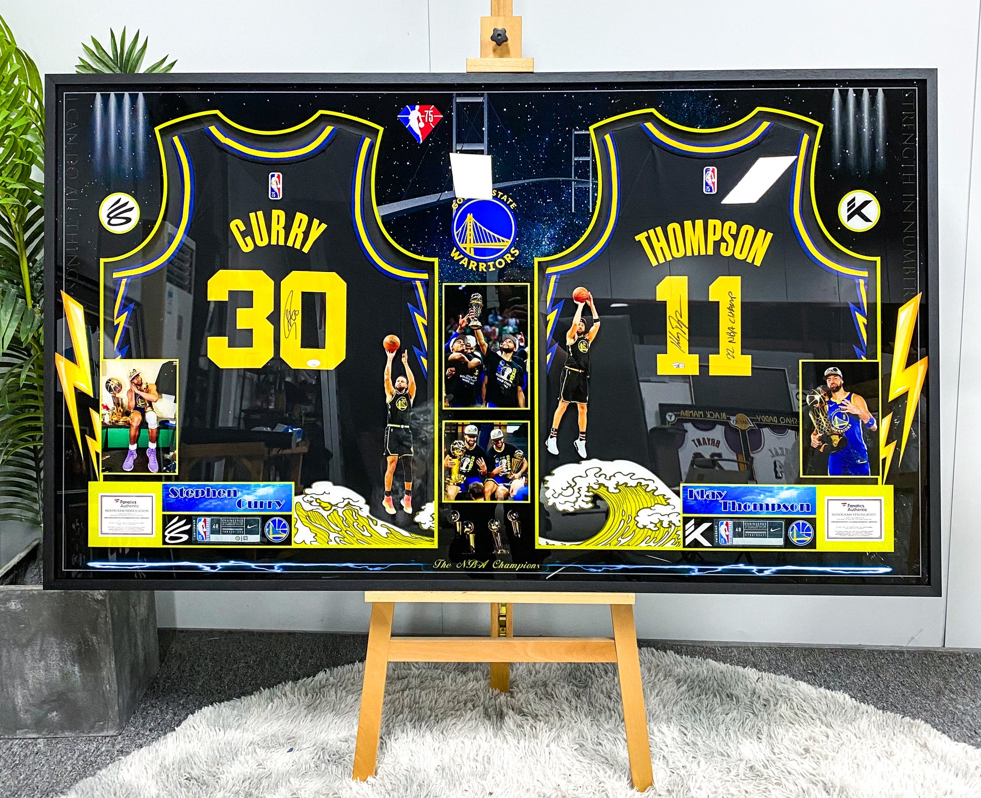 Golden State Warriors player combination Curry Thompson Autographed Jersey with Personalized Custom Design Framed  00003