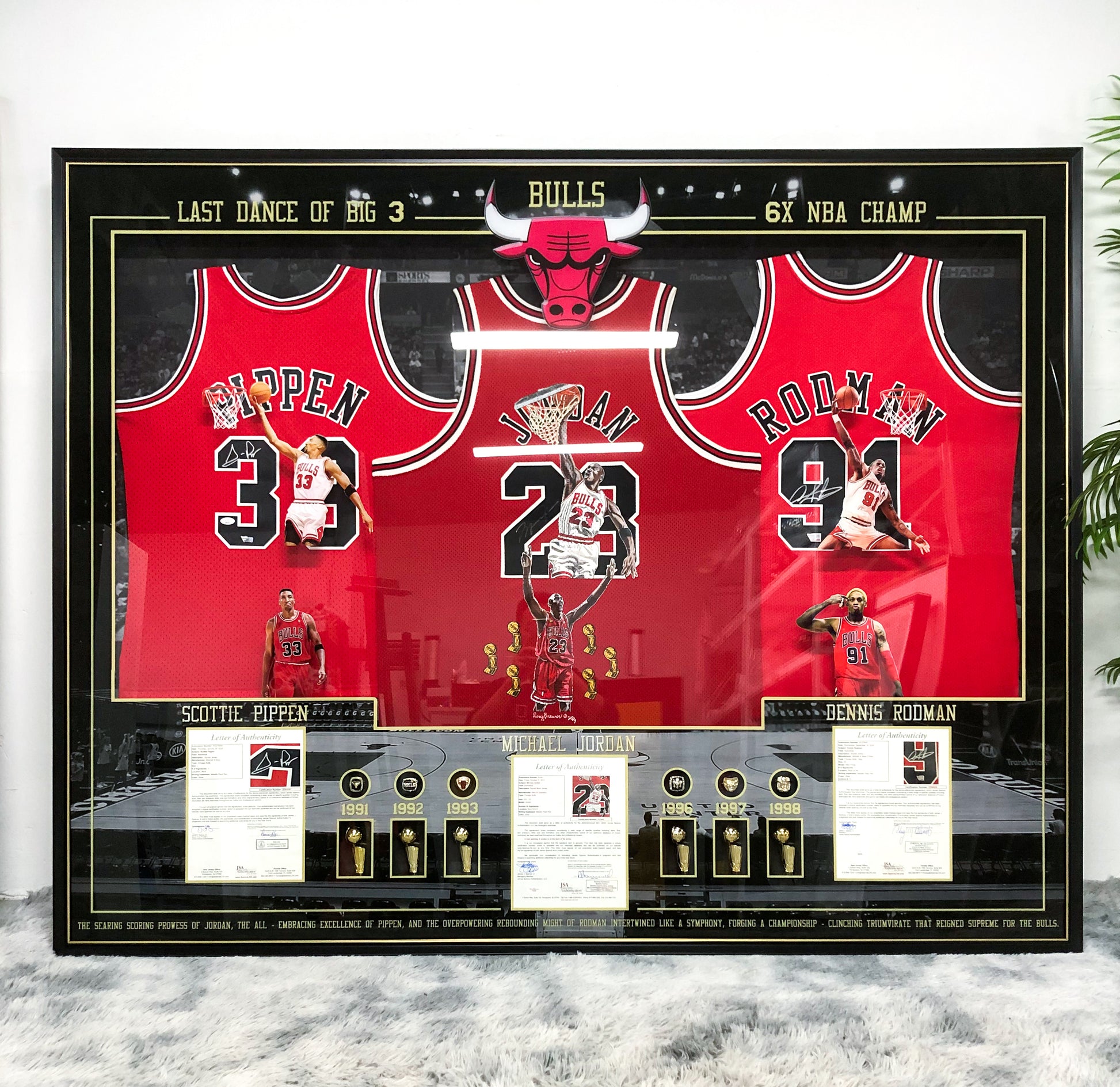 Chicago Bulls JORDAN Pippen  Rodman Autographed Jersey with Personalized Custom Design Framed 00005