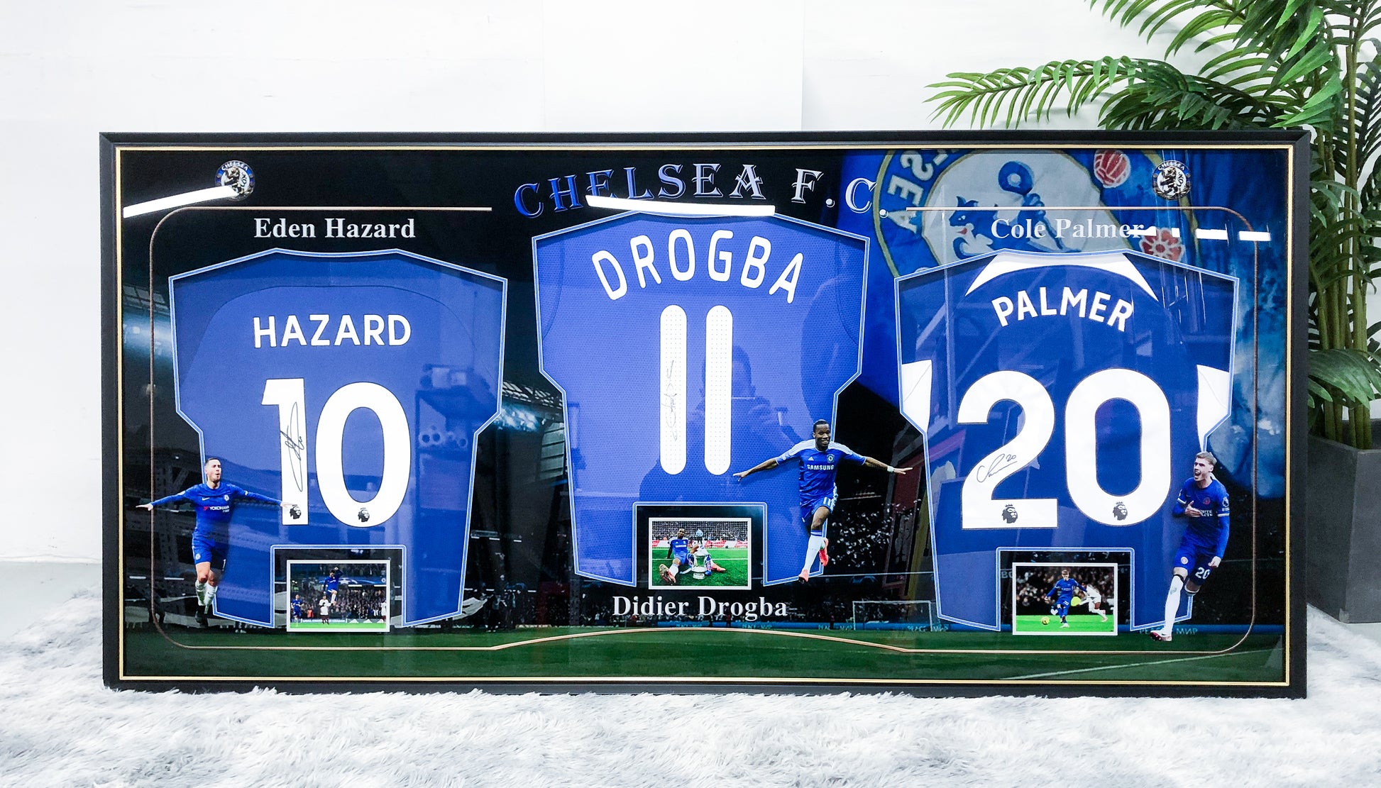 Eden Hazard, Didier Drogba, Cole Palmer Chelsea Autographed Jersey Custom Framing