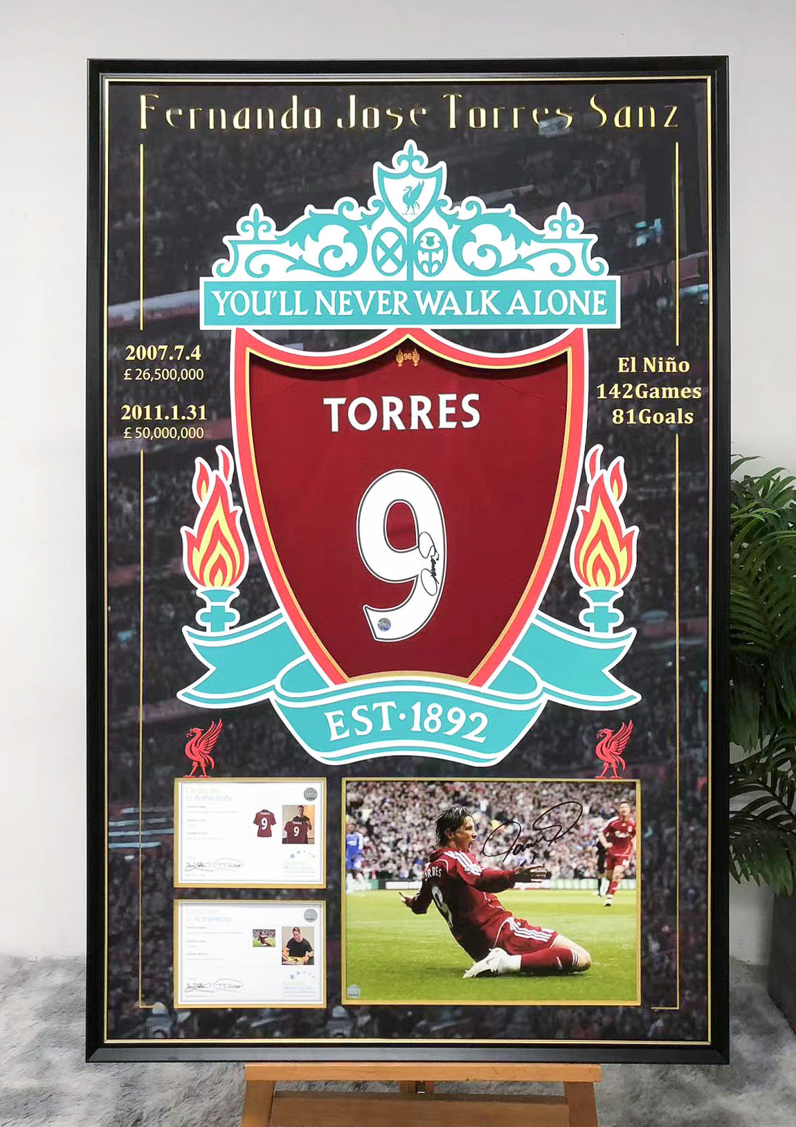 Liverpool FC Torres Sanz Autographed Jersey with Personalized Custom Design Framed 00010
