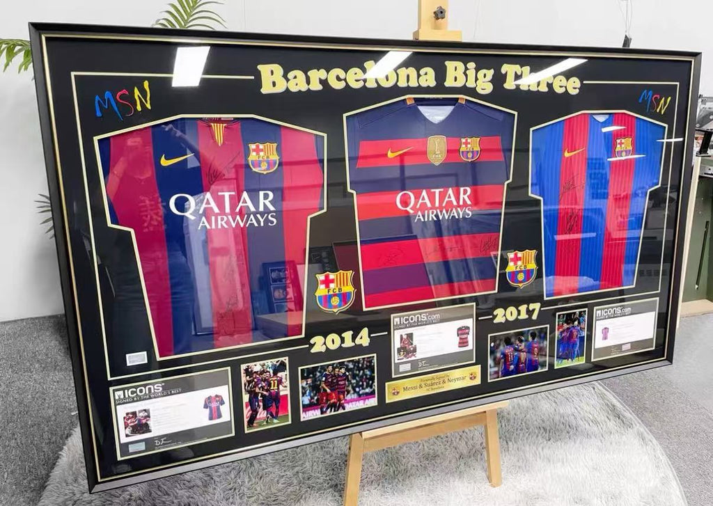 Lionel Messi & Luis Suárez & Neymar Combined Autographed Framed Jersey