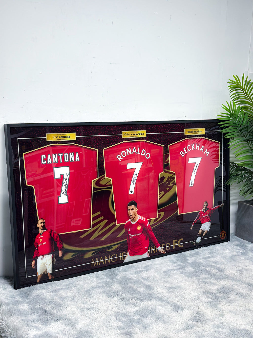 Cantona, Cristiano Ronaldo & David Beckham Manchester United Autographed Jersey, Custom Framed