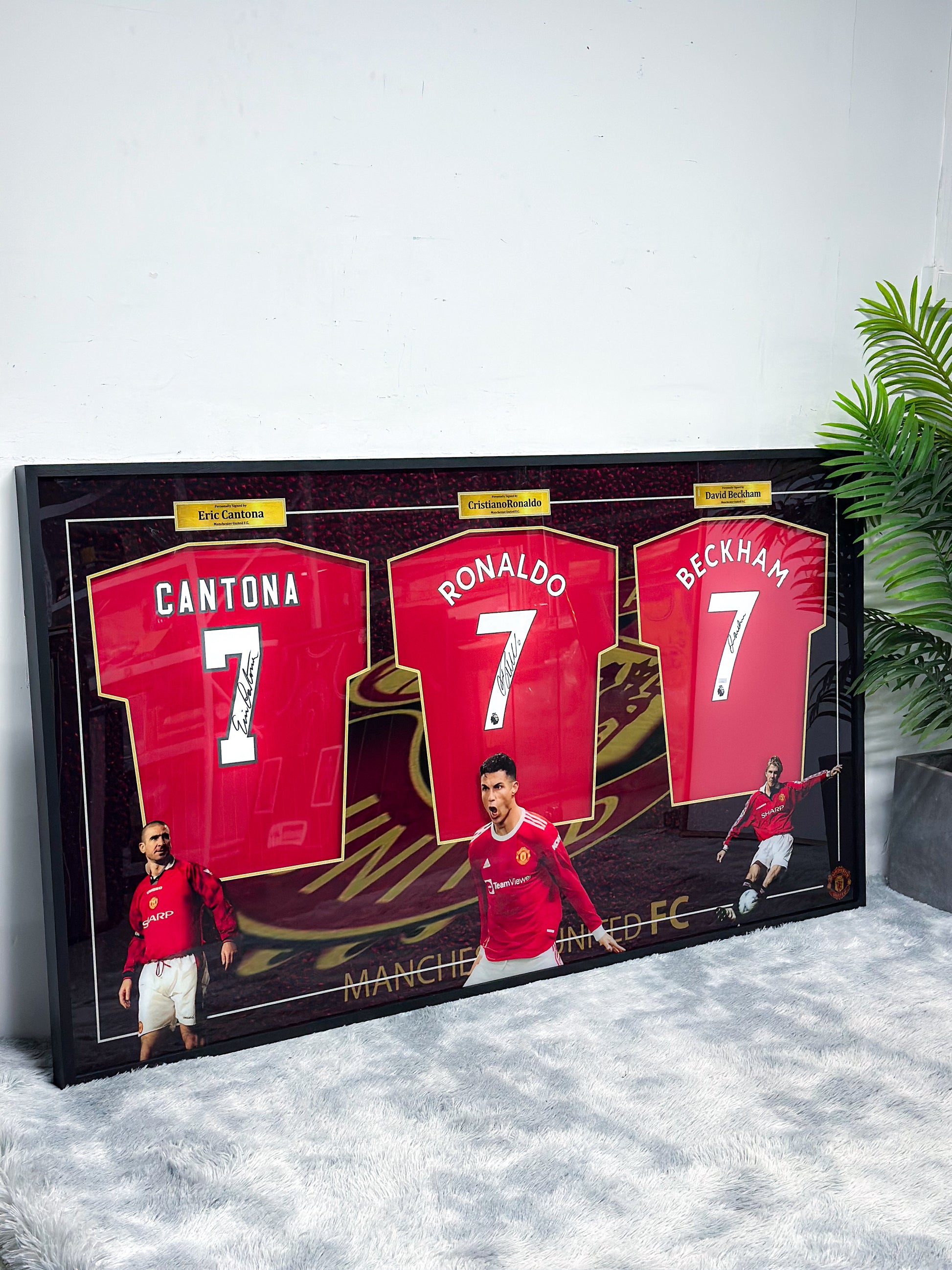 Cantona, Cristiano Ronaldo & David Beckham Manchester United Autographed Jersey, Custom Framed