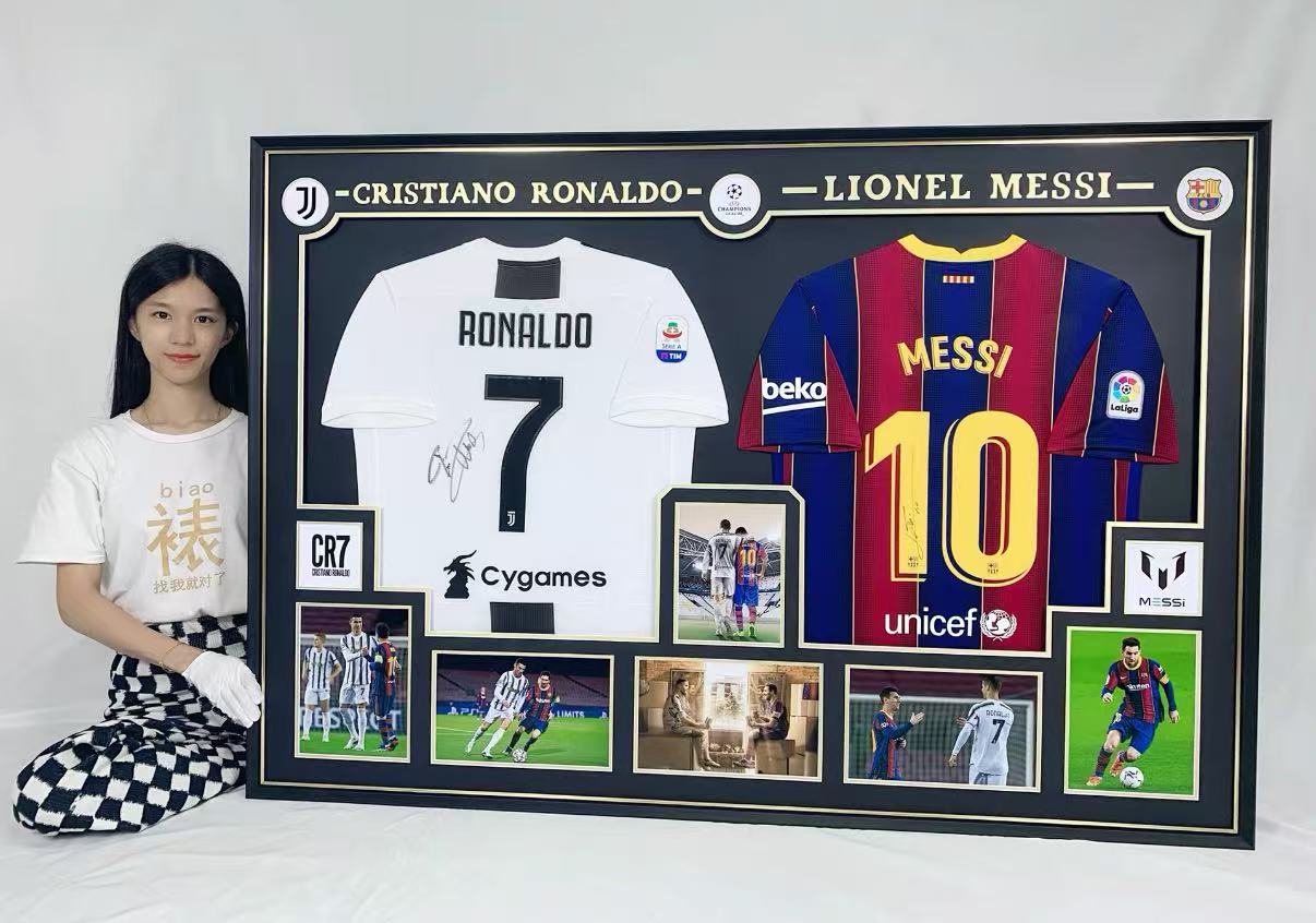 Lionel Messi & Cristiano Ronaldo Combined Autographed Framed Jersey