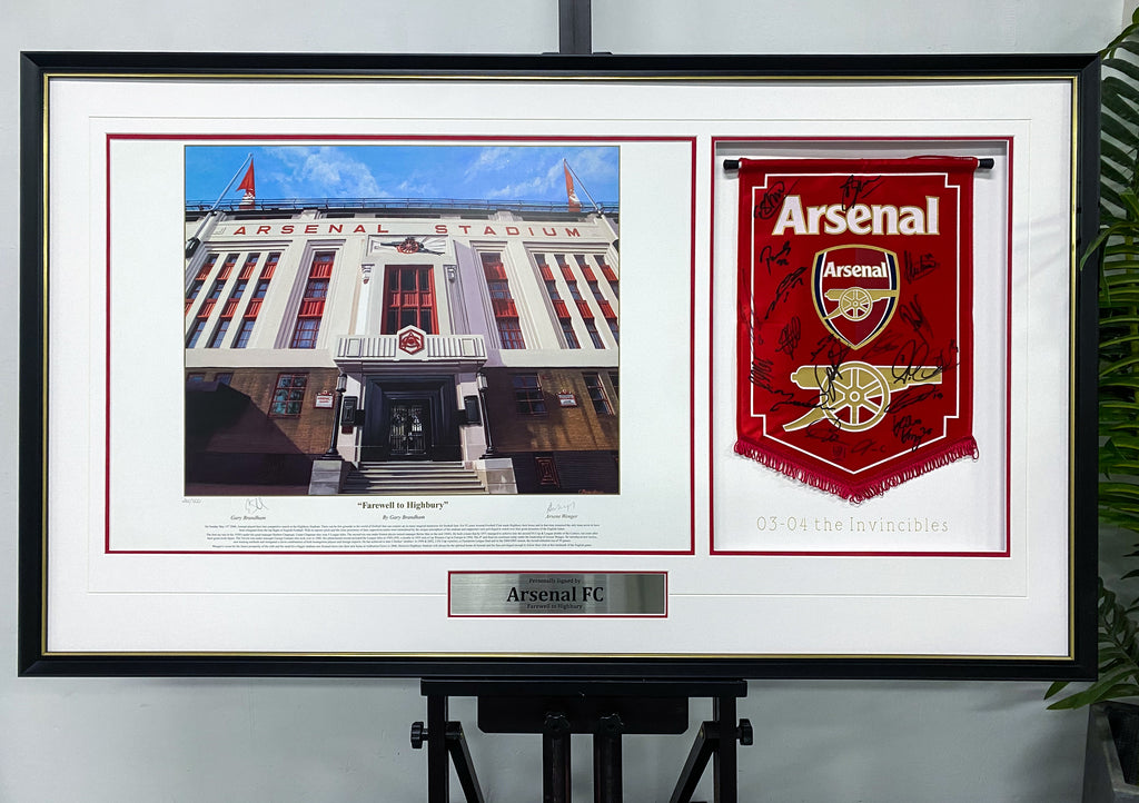 Arsenal FC Invincibles Signed Pennant & Highbury Stadium Print Framing
