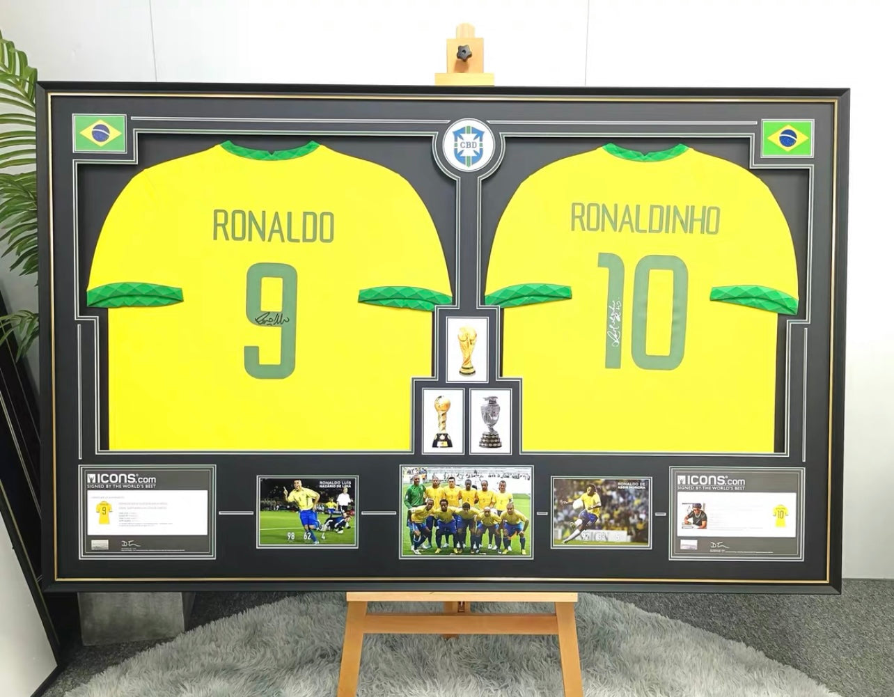 Ronaldo & Ronaldinho Brazil National Team Autographed Custom Framed Jersey