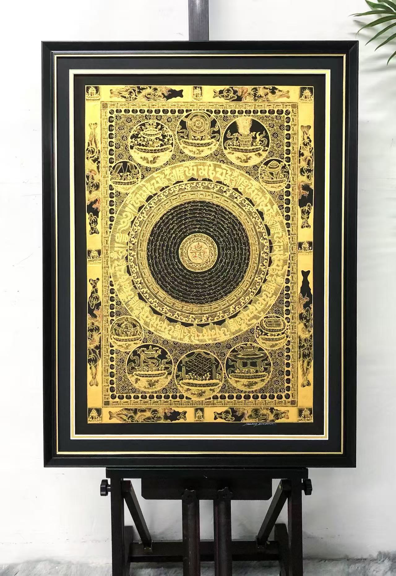 Om Mani Padme Hum Mandala Thangka with Eight Auspicious Symbols Framing Sentimental Item