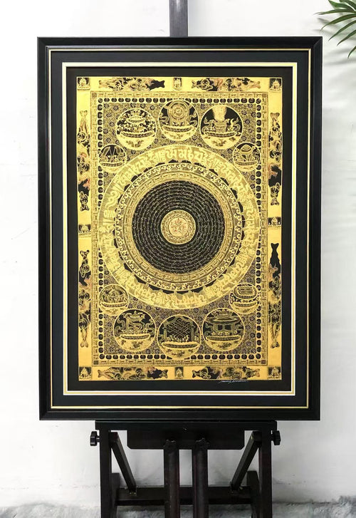 Om Mani Padme Hum Mandala Thangka with Eight Auspicious Symbols Framing Sentimental Item
