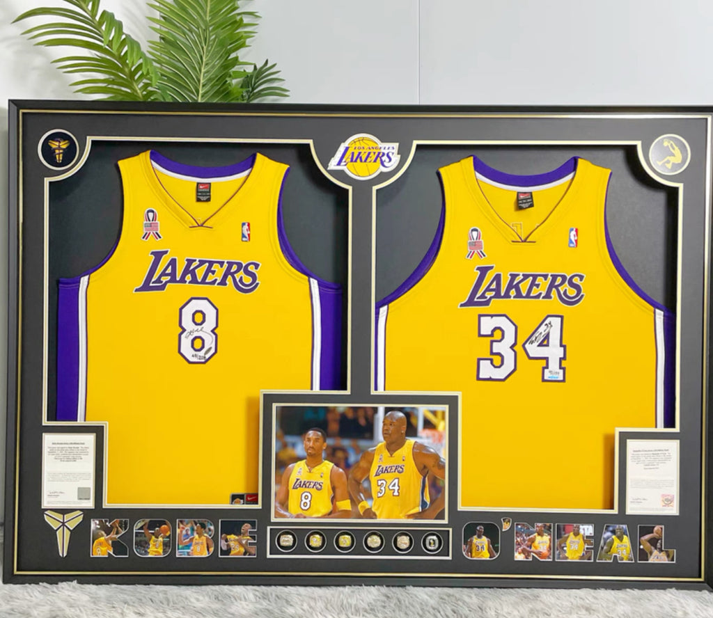 Kobe Bryant & Shaquille O’Neal Los Angeles Lakers Autographed Jersey | Custom Framed Display
