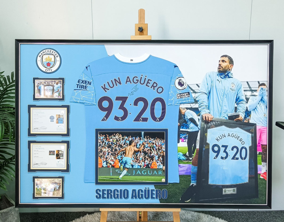 Kun Agüero Manchester City Autographed Jersey Framed
