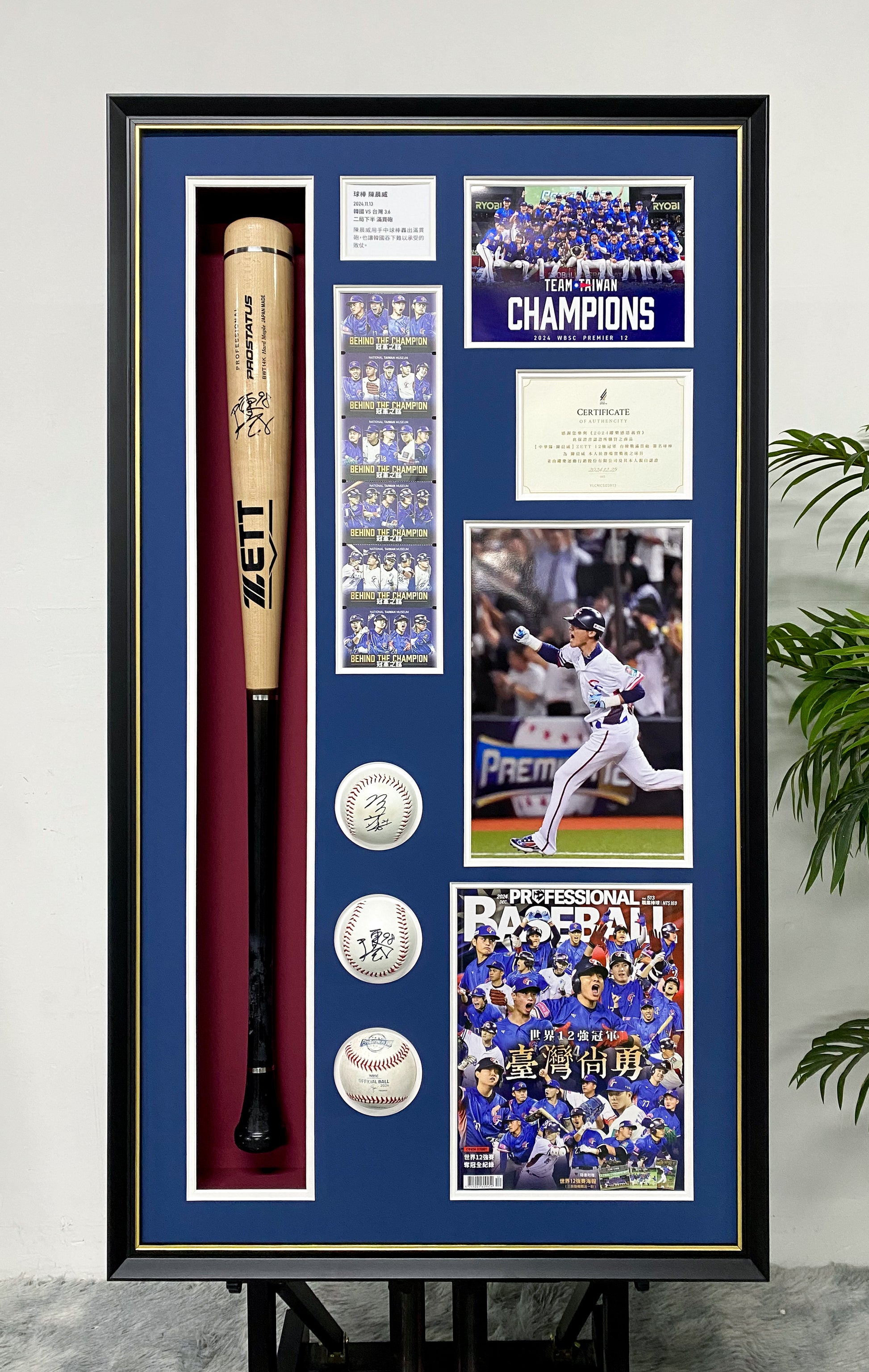 Team Taiwan Signed Baseball Bat Frame – 2024 Champions Memorabilia Display