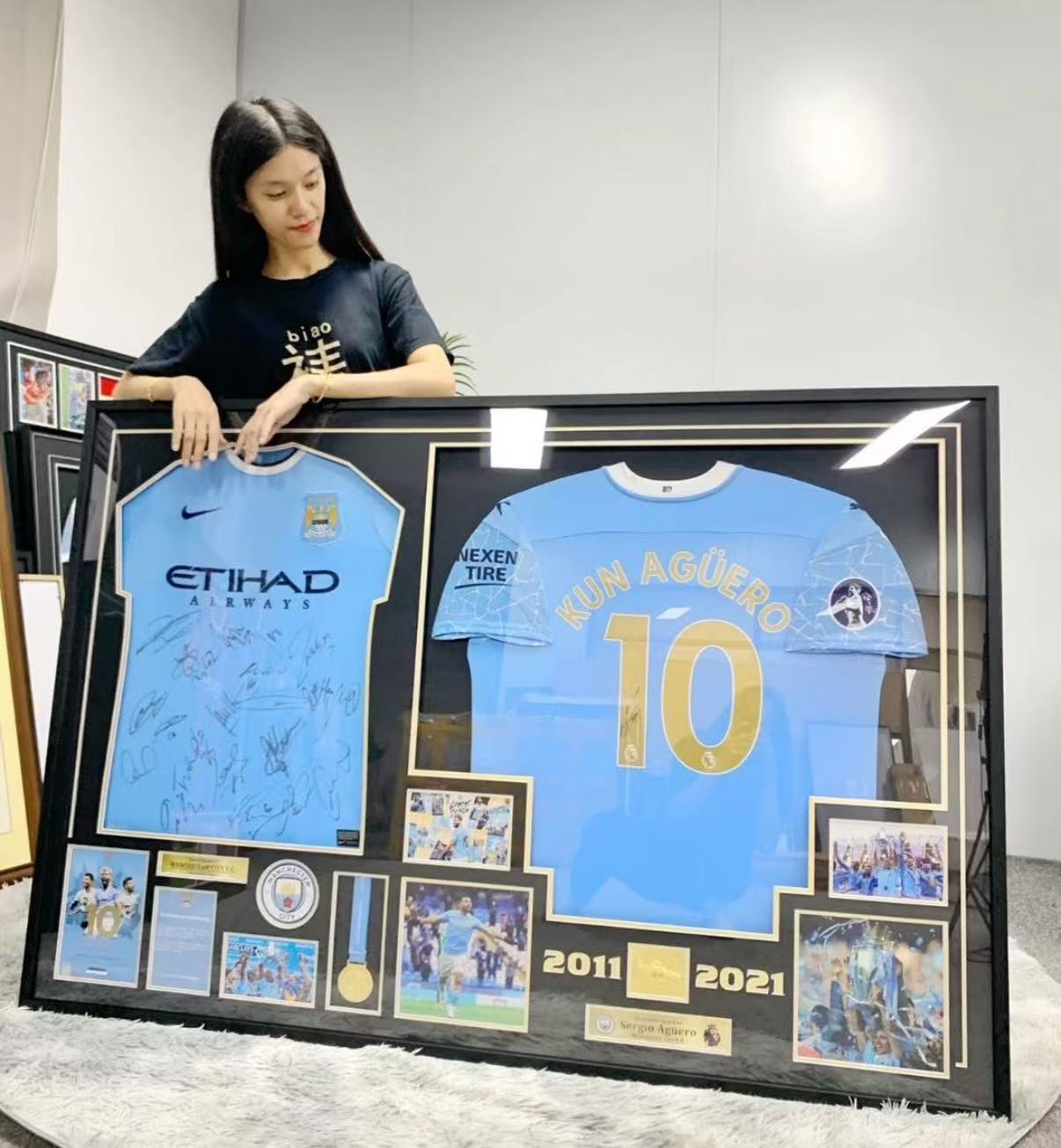 Kun Agüero Manchester City FC Custom Framed Dual Autographed Jersey