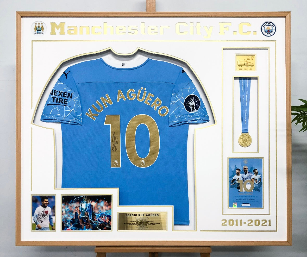 Kun Agüero Manchester City FC Autographed Custom Framed Jersey