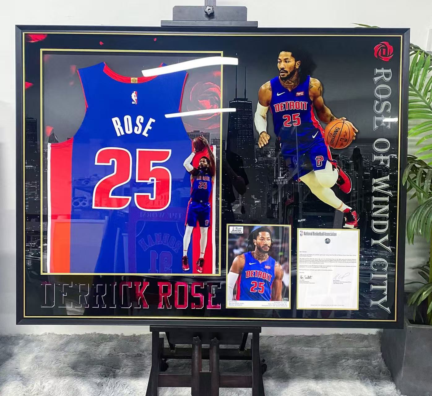 Derrick Rose Detroit Pistons Autographed Jersey Framed