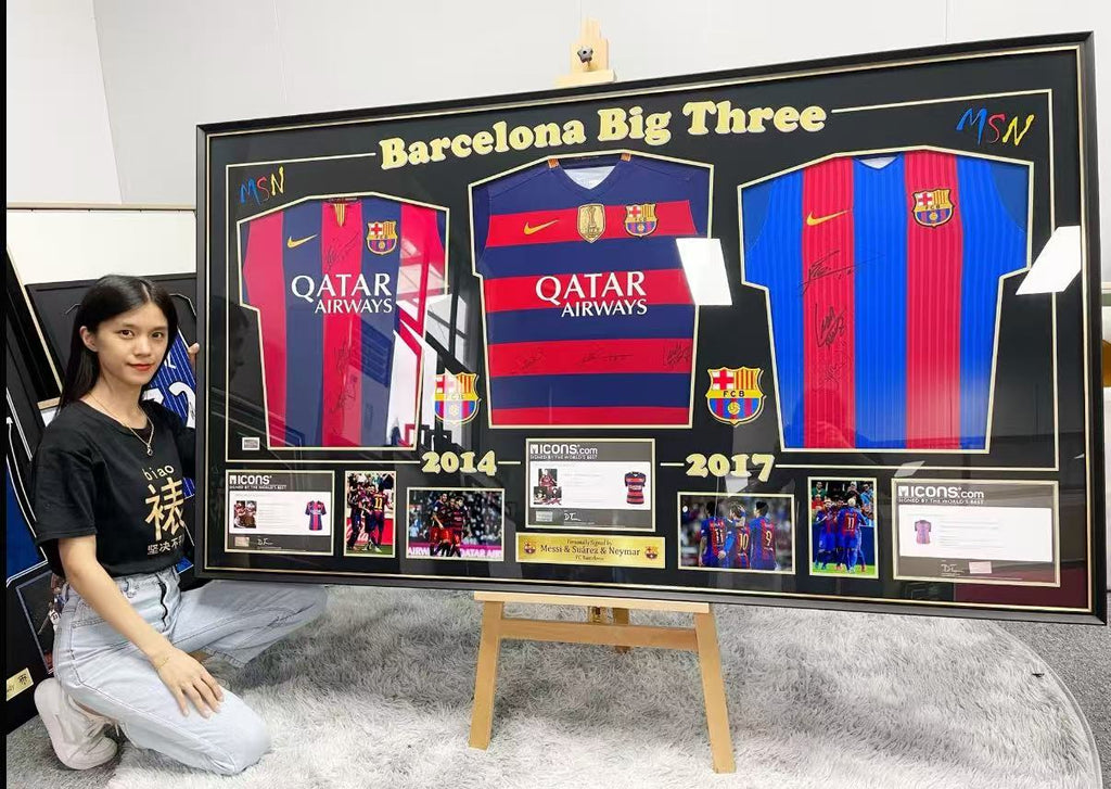 Lionel Messi & Luis Suárez & Neymar Combined Autographed Framed Jersey