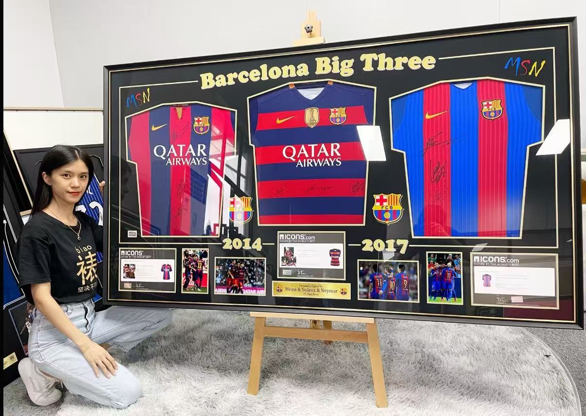 Lionel Messi & Luis Suárez & Neymar Combined Autographed Framed Jersey