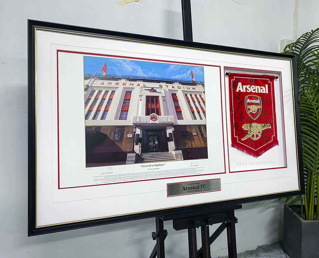 Arsenal FC Invincibles Signed Pennant & Highbury Stadium Print Framing