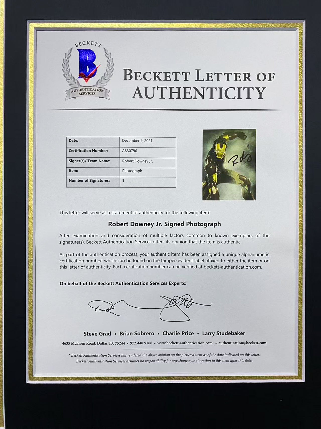 Robert Downey Jr Iron Man Signed Photo Framed