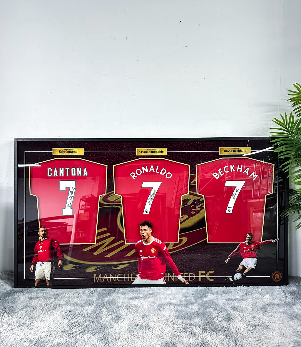 Cantona, Cristiano Ronaldo & David Beckham Manchester United Autographed Jersey, Custom Framed