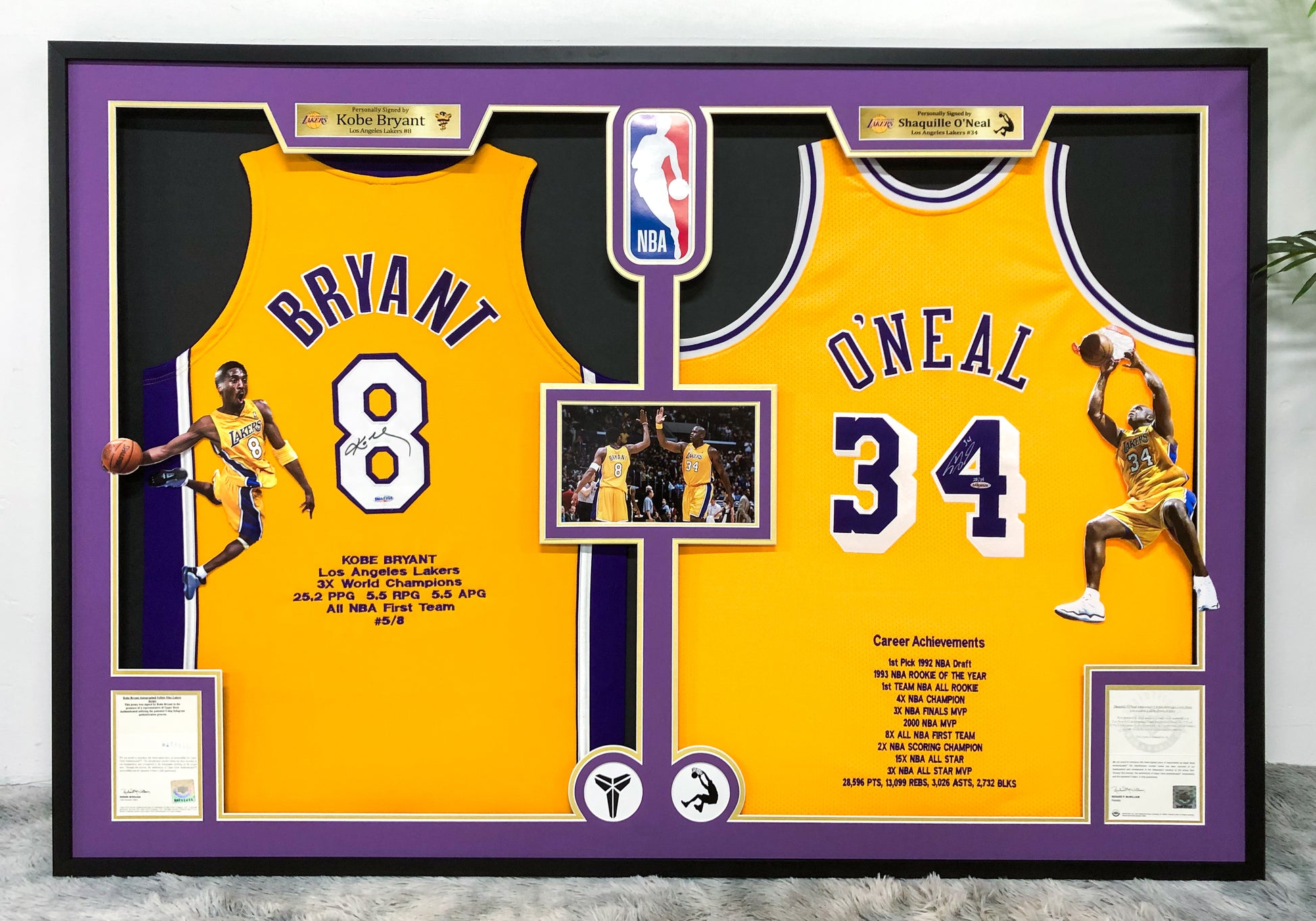 Kobe Bryant Shaquille O'Neal Los Angeles Lakers Autographed Framed Jersey