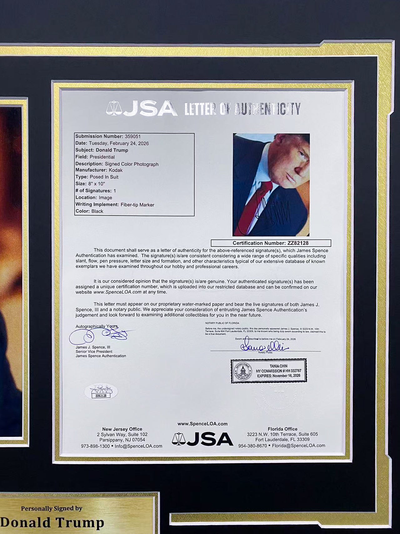 Donald Trump Signed Photo Framed With JSA COA
