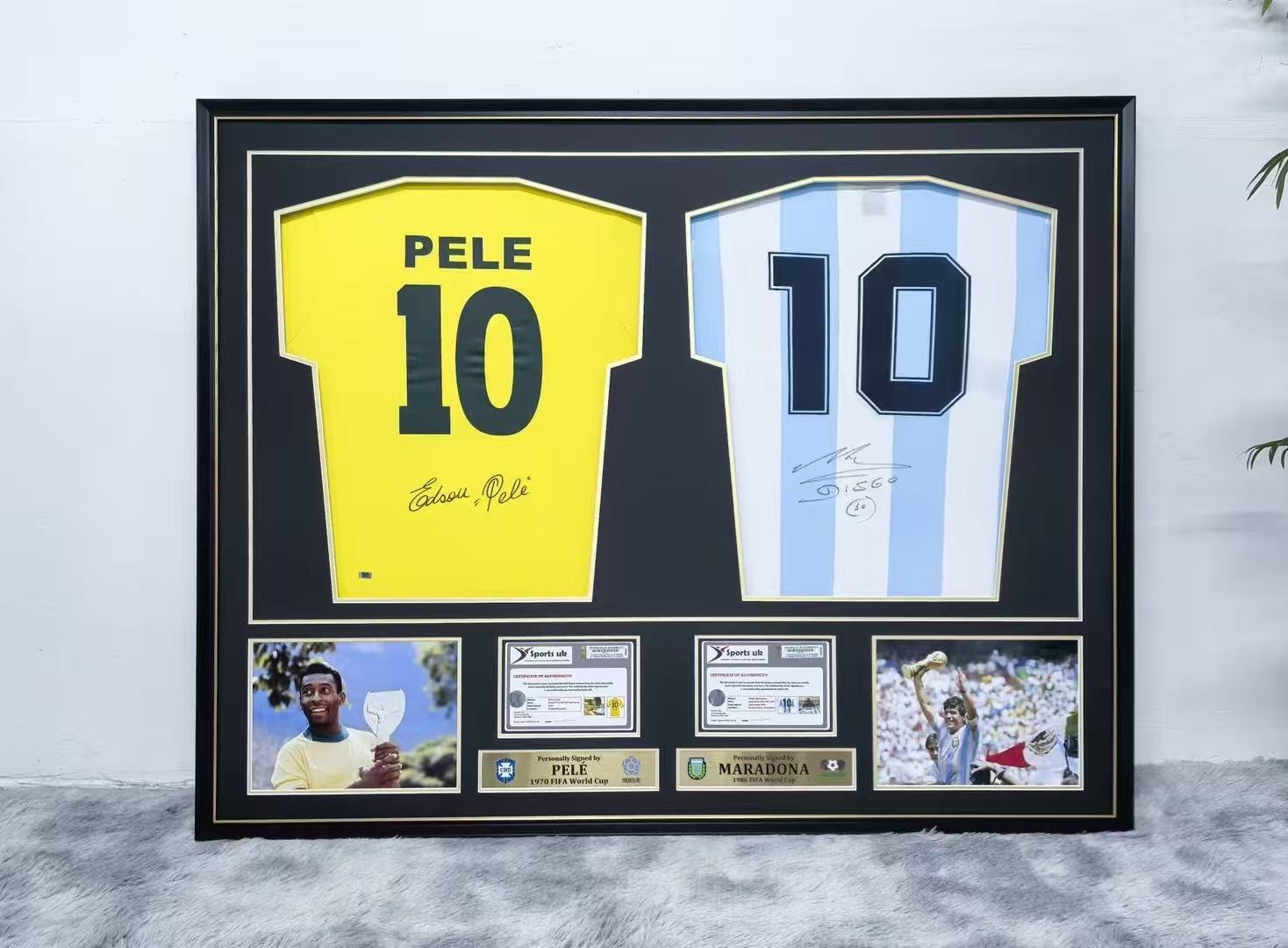 Pelé & Maradona Combined Autographed Framed Jersey